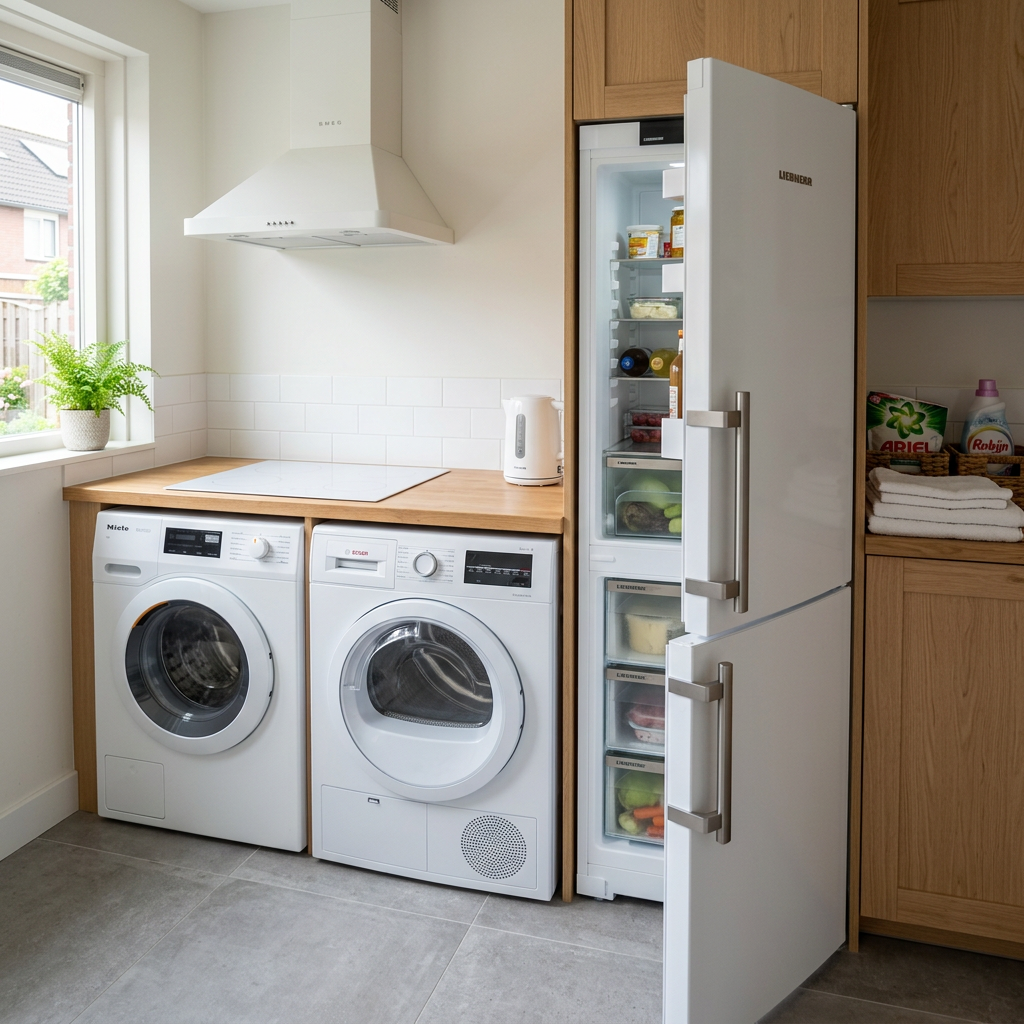 Washing machine, dryer, and open refrigerator in contemporary kitchen-laundry room